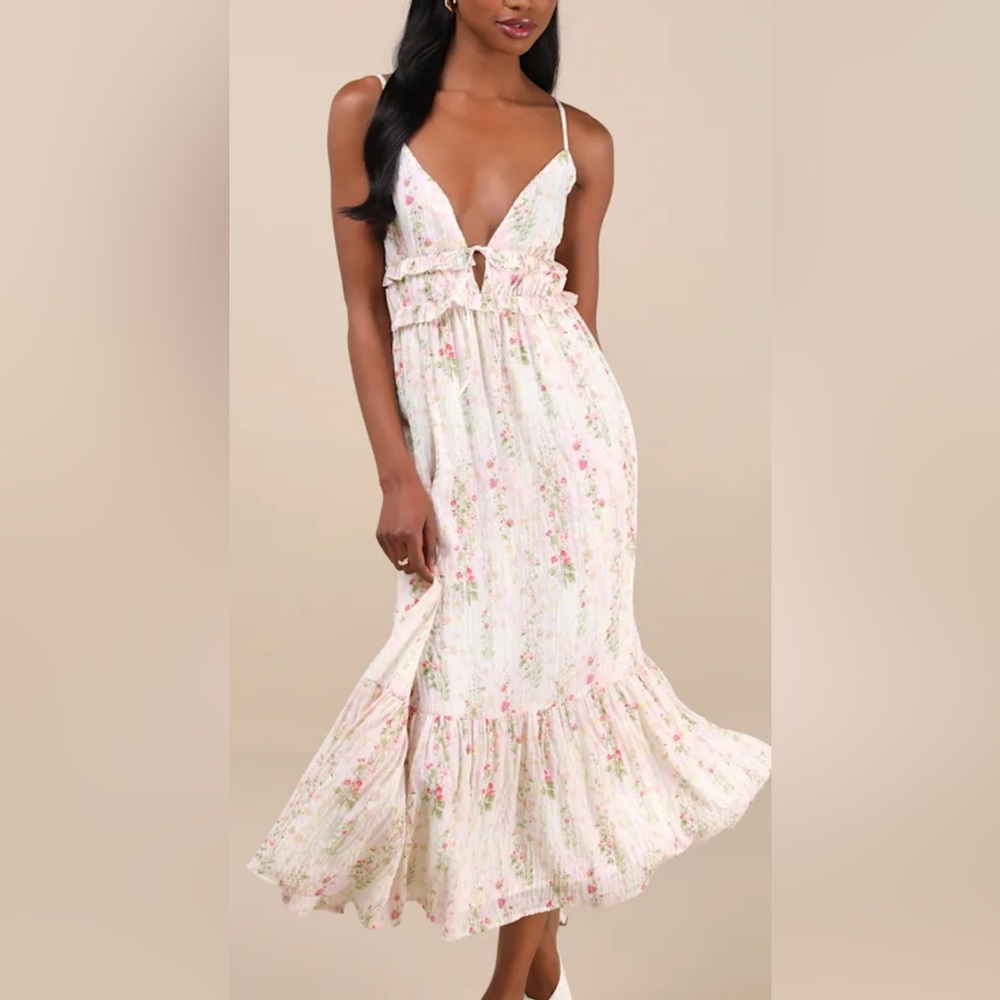 NWT Lulu's Sandi Ivory Multi Floral Tie-Front Midi Dress